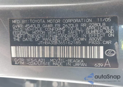 2006 Lexus Es 330 from USA, damaged, VIN JTHBA30G365162185